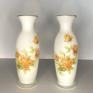 Vintage Frosted Glass Vase With Floral Roses